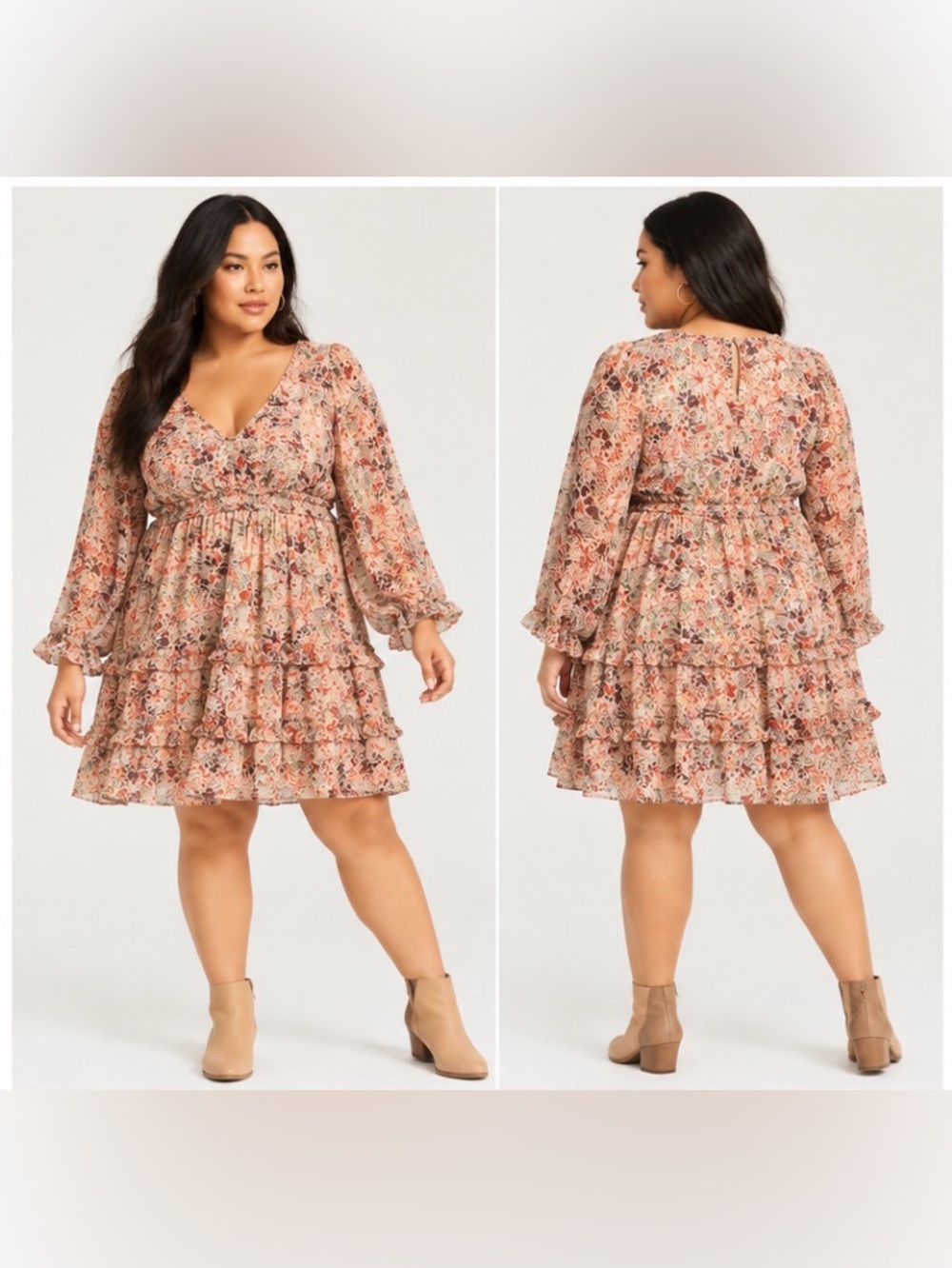 torrid Floral Tiered V-Neck Long-Sleeve Dress in Cream and Coral